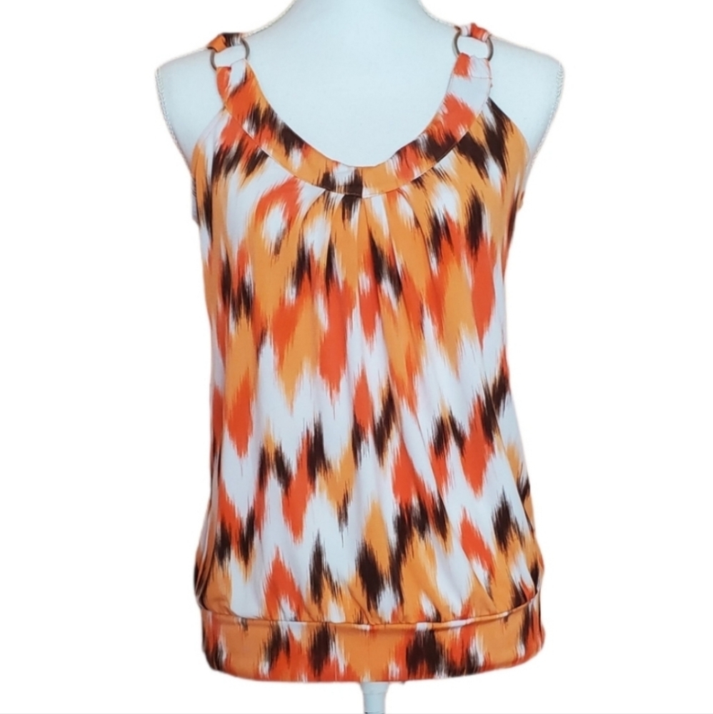 Cato Orange Multicolor V-Neck Sleeveless Business Casual Tank Top Blouse Size S